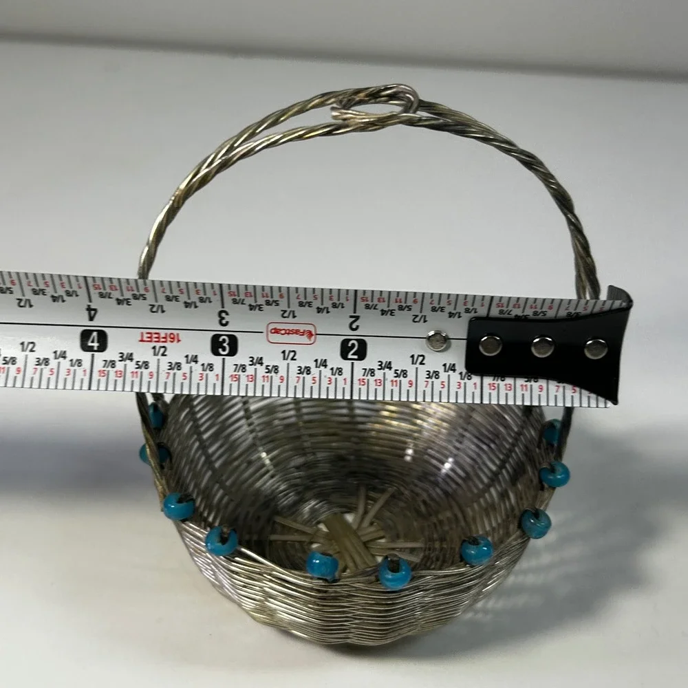 Vintage Silver Wire Woven Miniature Basket with Turquoise Blue Glass Beads 3in